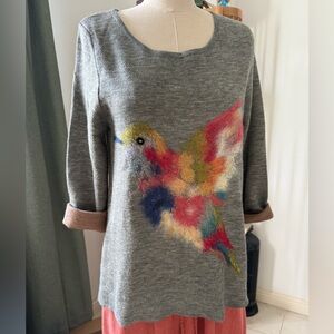 Cozy Anthropologie Pullover Sweater with Felt Hummingbird Art design